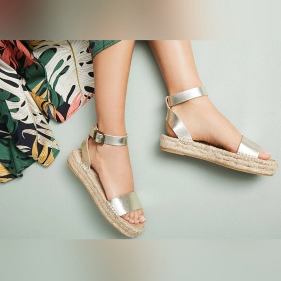 Soludos Cardiz Neutral Metallic Leather Low Platform Espadrille Sandals Sz 7 - Picture 1 of 9